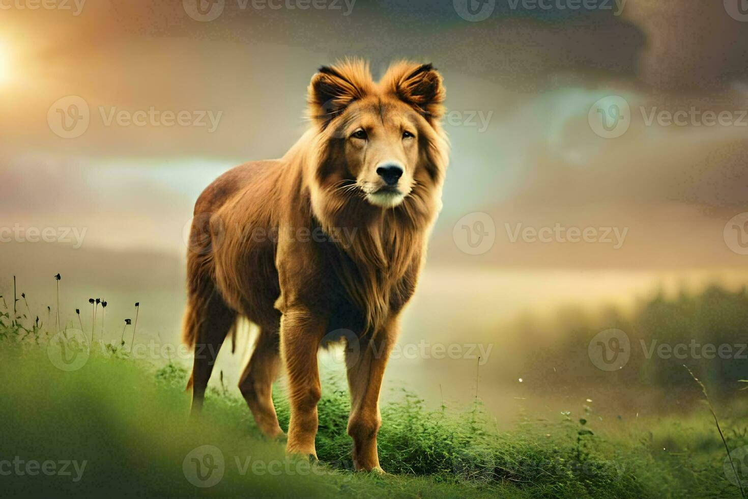 a lion standing in the grass at sunset. AI-Generated photo
