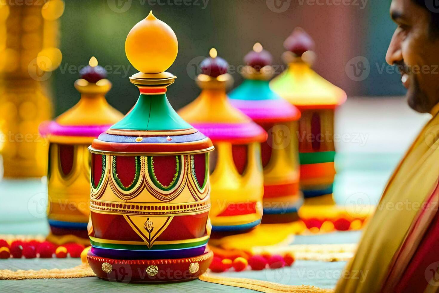 a man in a colorful sari is looking at a colorful pot. AI-Generated photo