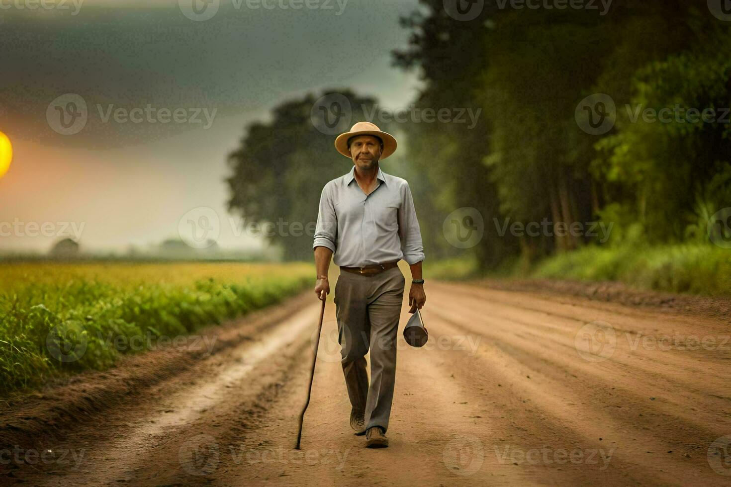 a man walking down a dirt road with a cane. AI-Generated photo