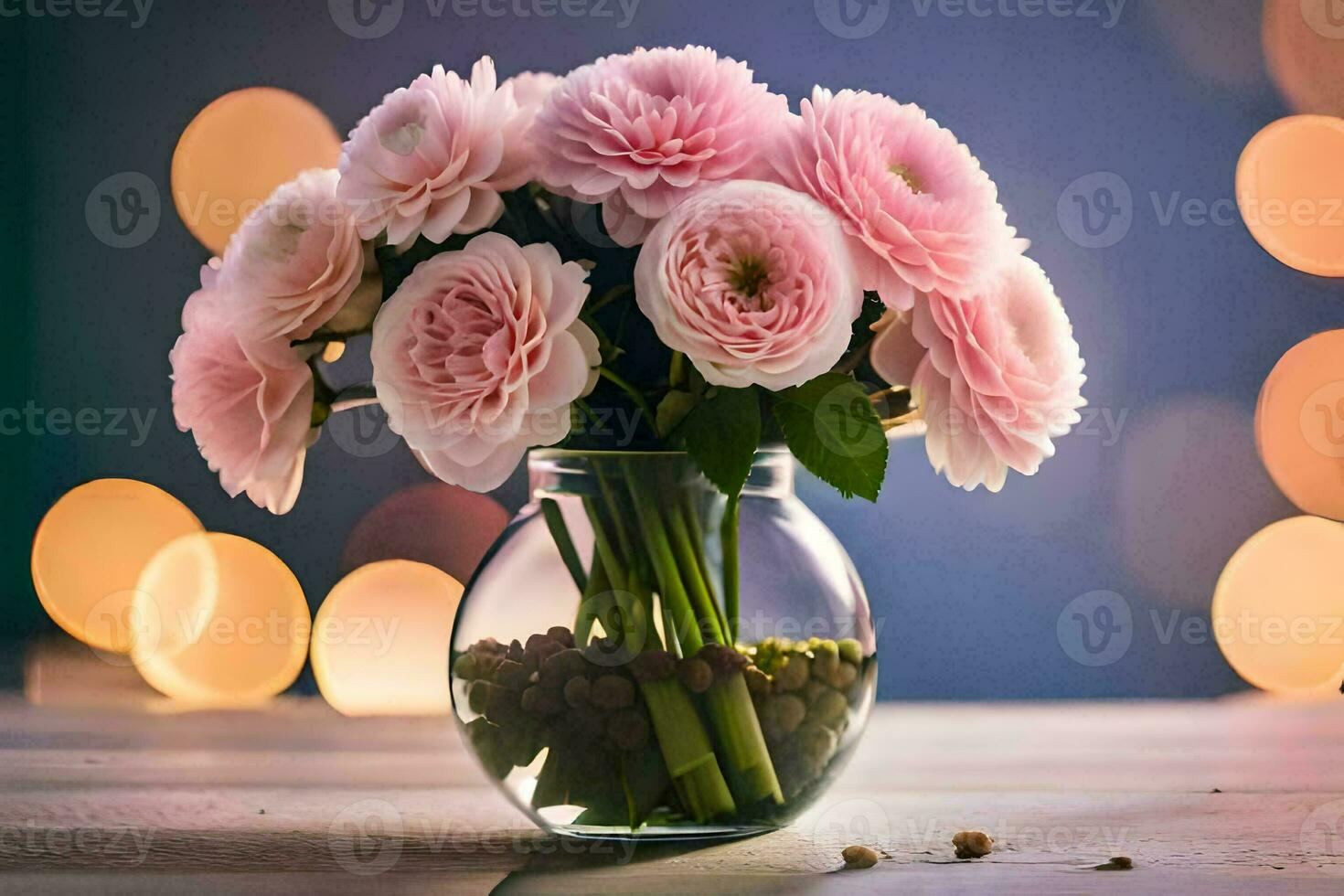 pink flowers in a vase on a table. AI-Generated photo