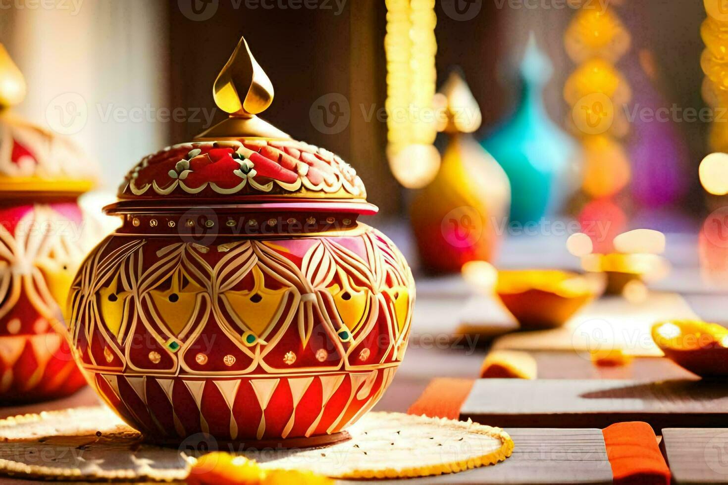 a table with colorful vases and candles. AI-Generated photo