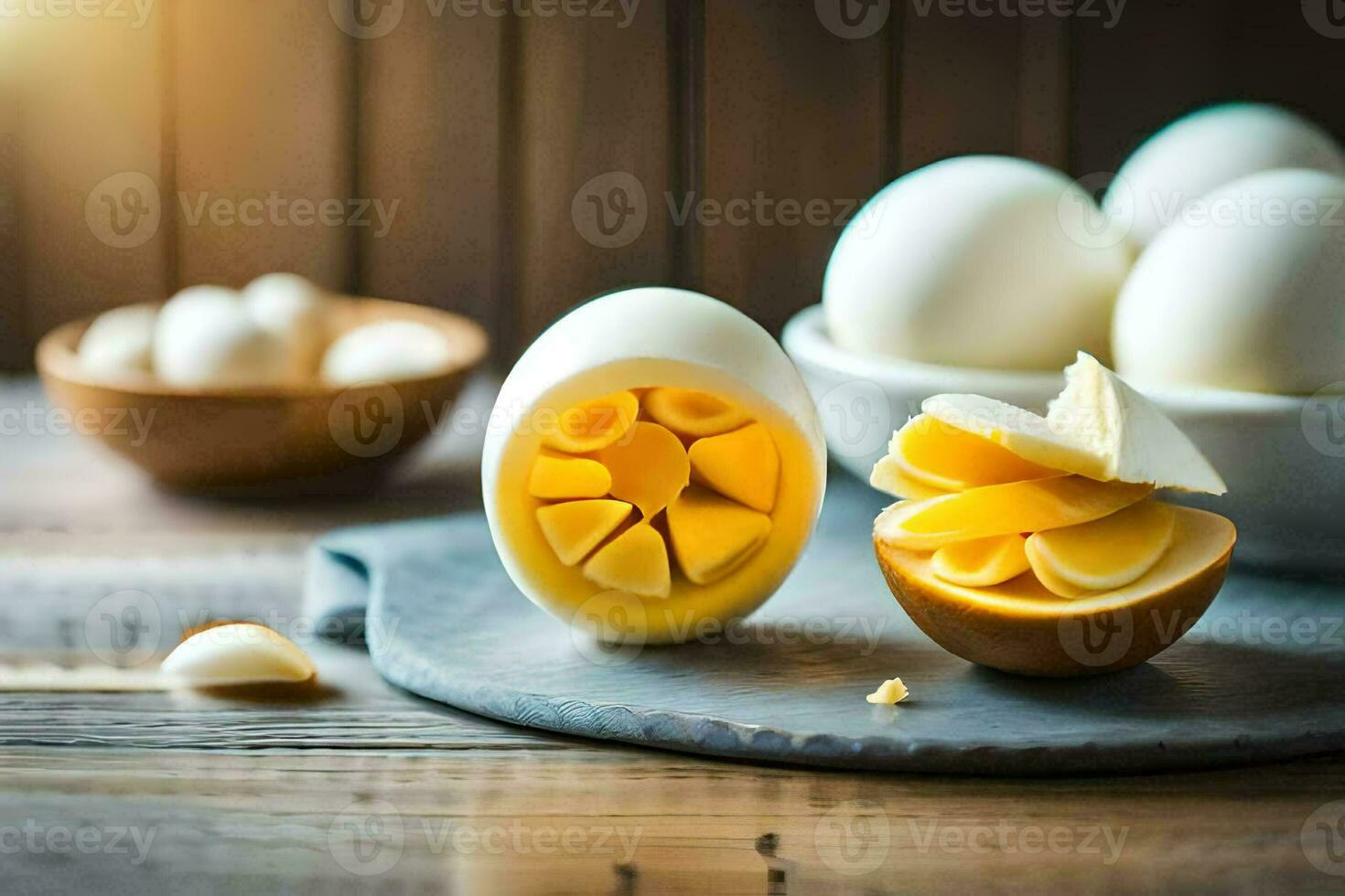 eggs are sliced in half and placed on a plate. AI-Generated photo
