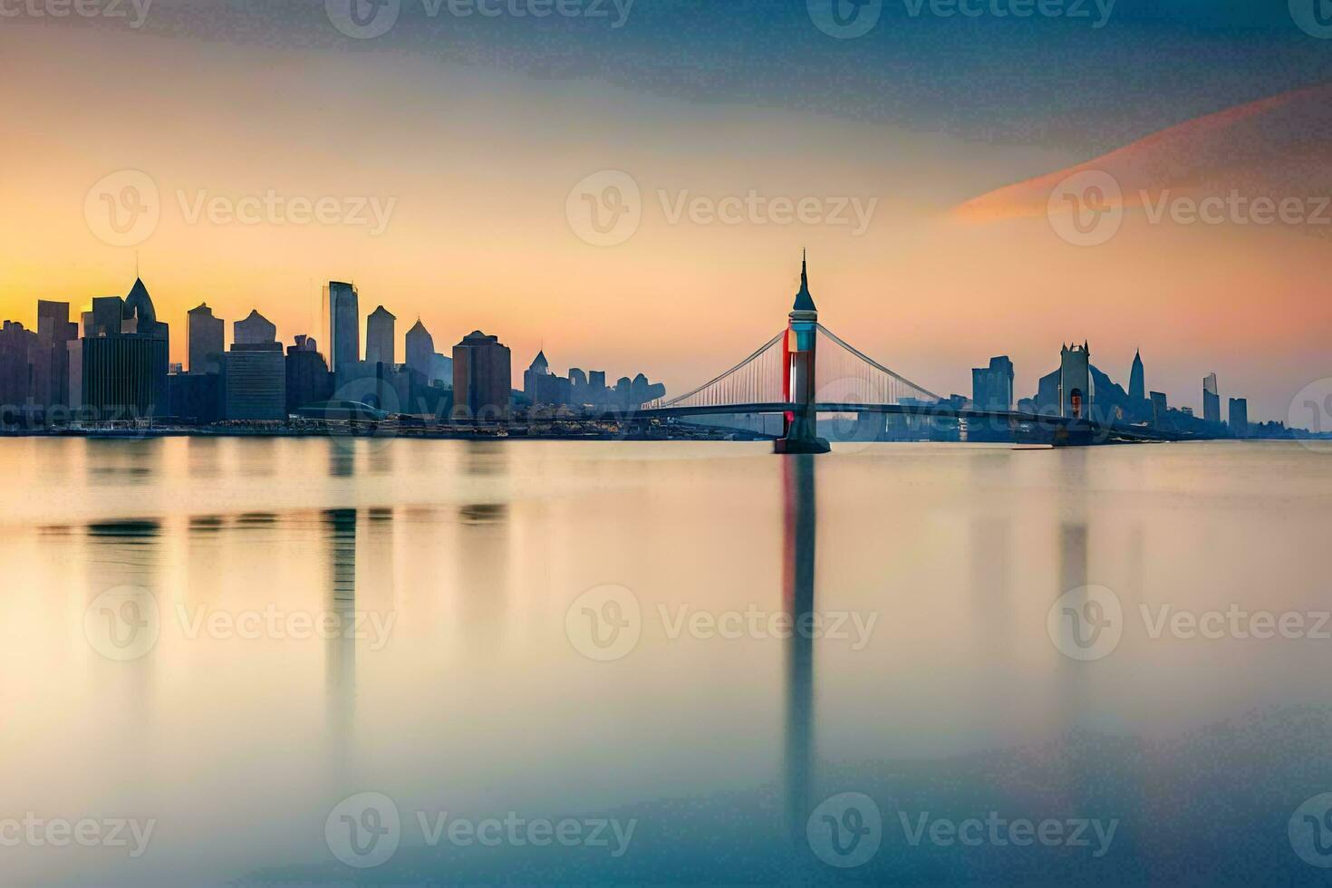 the city skyline is reflected in the water at sunset. AI-Generated photo