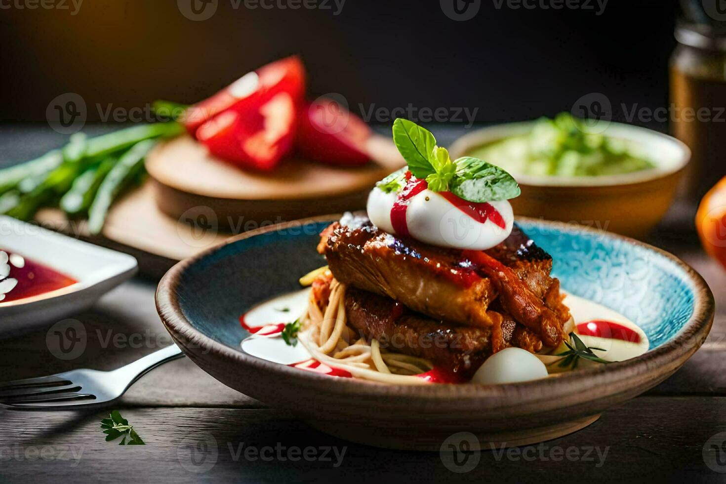 a plate of food with meat, sauce and vegetables. AI-Generated photo
