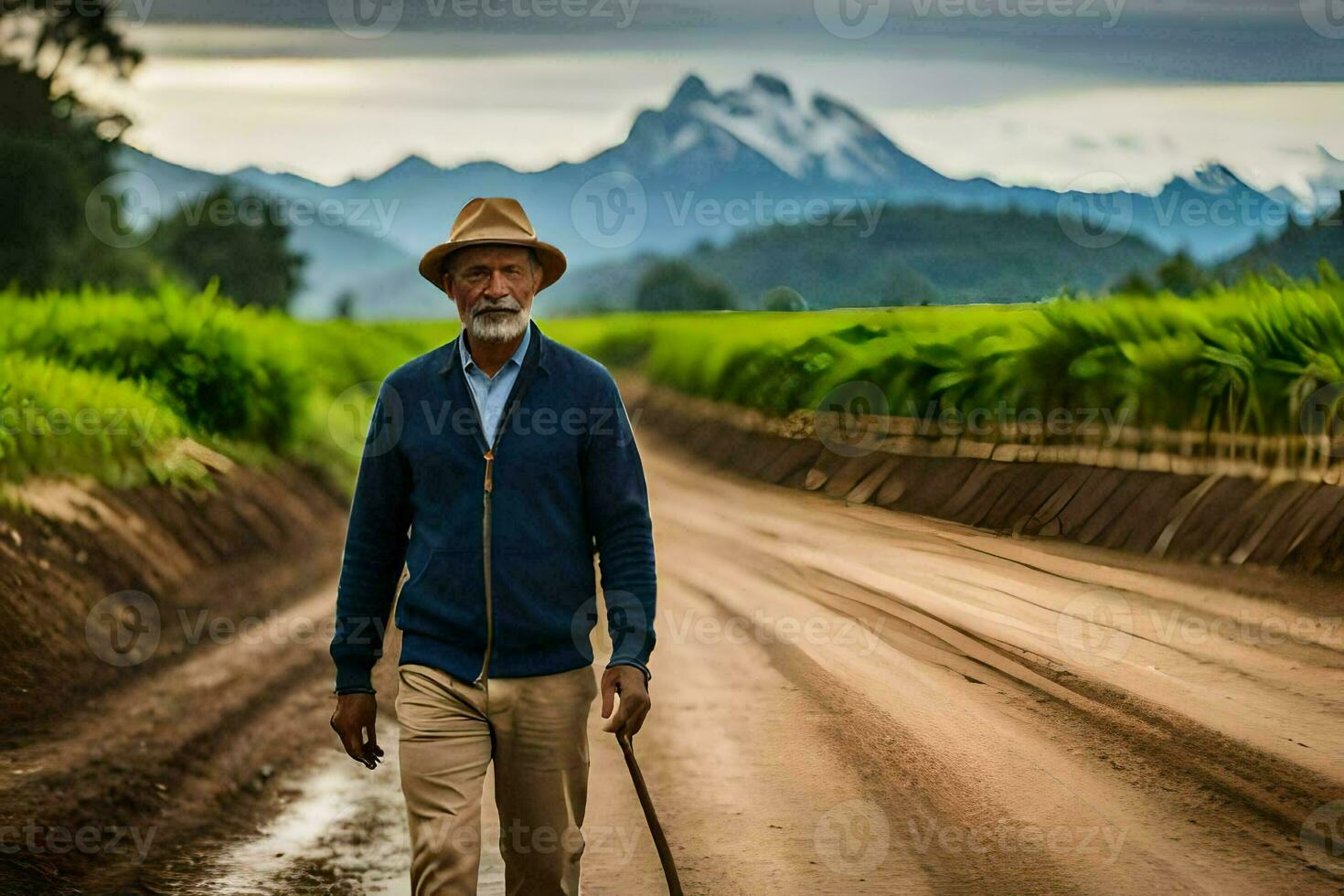 an older man walking down a dirt road with a cane. AI-Generated photo