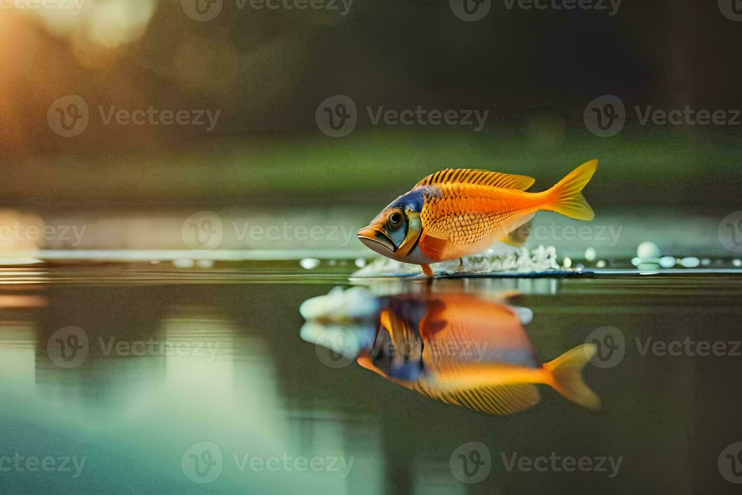 a fish is swimming in the water with the sun shining. AI-Generated photo
