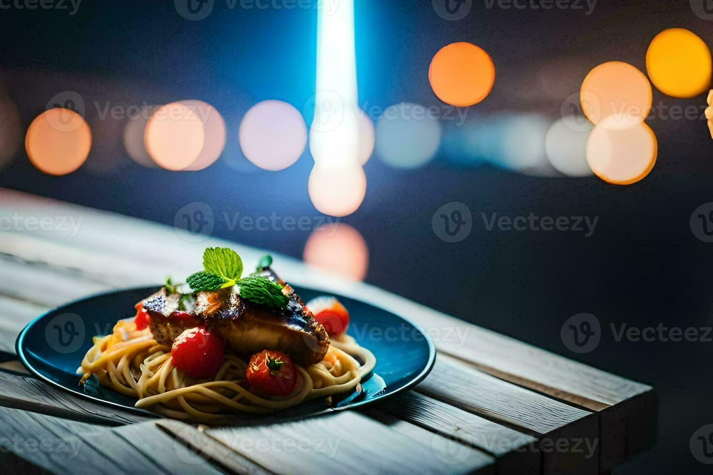 a plate of spaghetti and tomatoes on a wooden table. AI-Generated photo