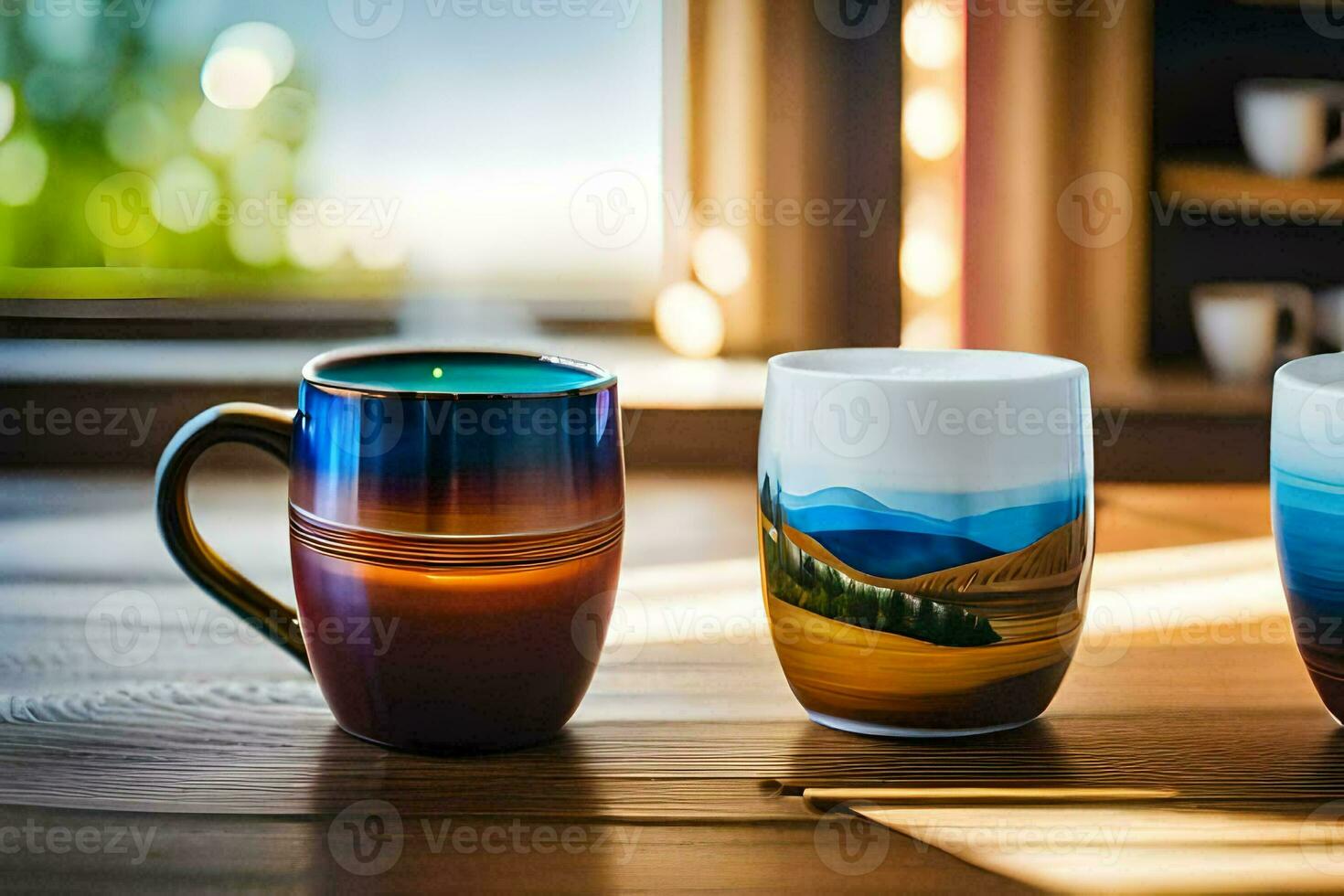 three mugs with different designs on them. AI-Generated photo