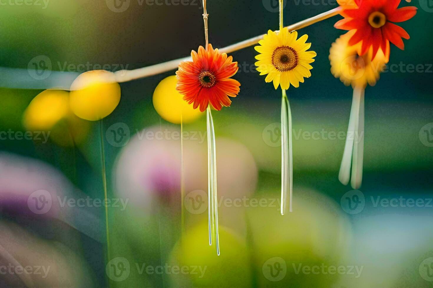 colorful flowers hanging from a string. AI-Generated photo