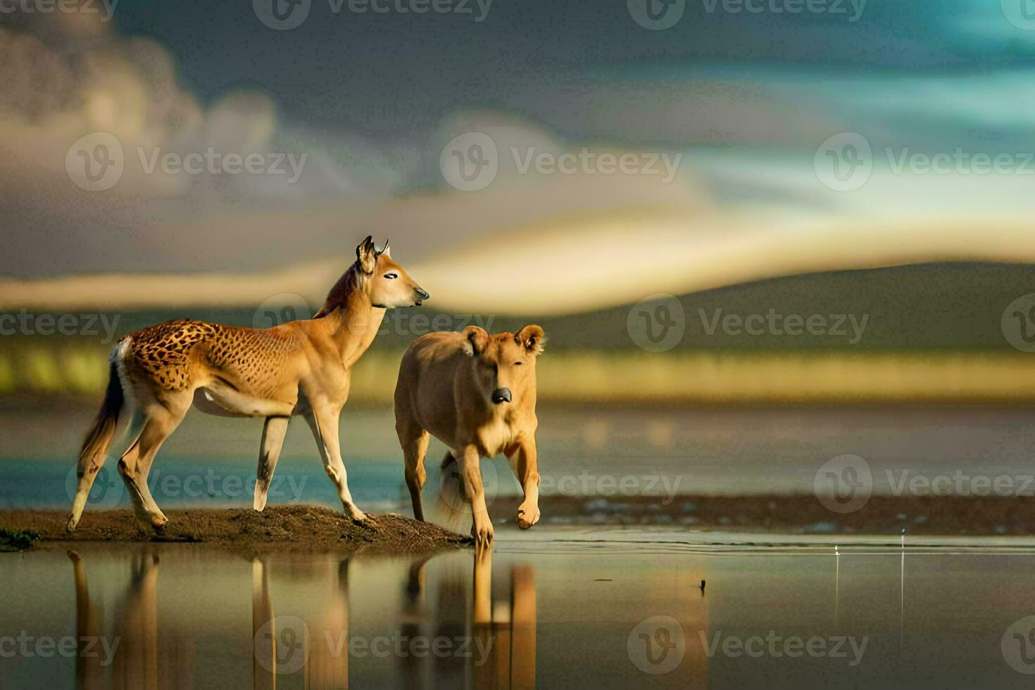 two deer are walking along the shore of a lake. AI-Generated photo