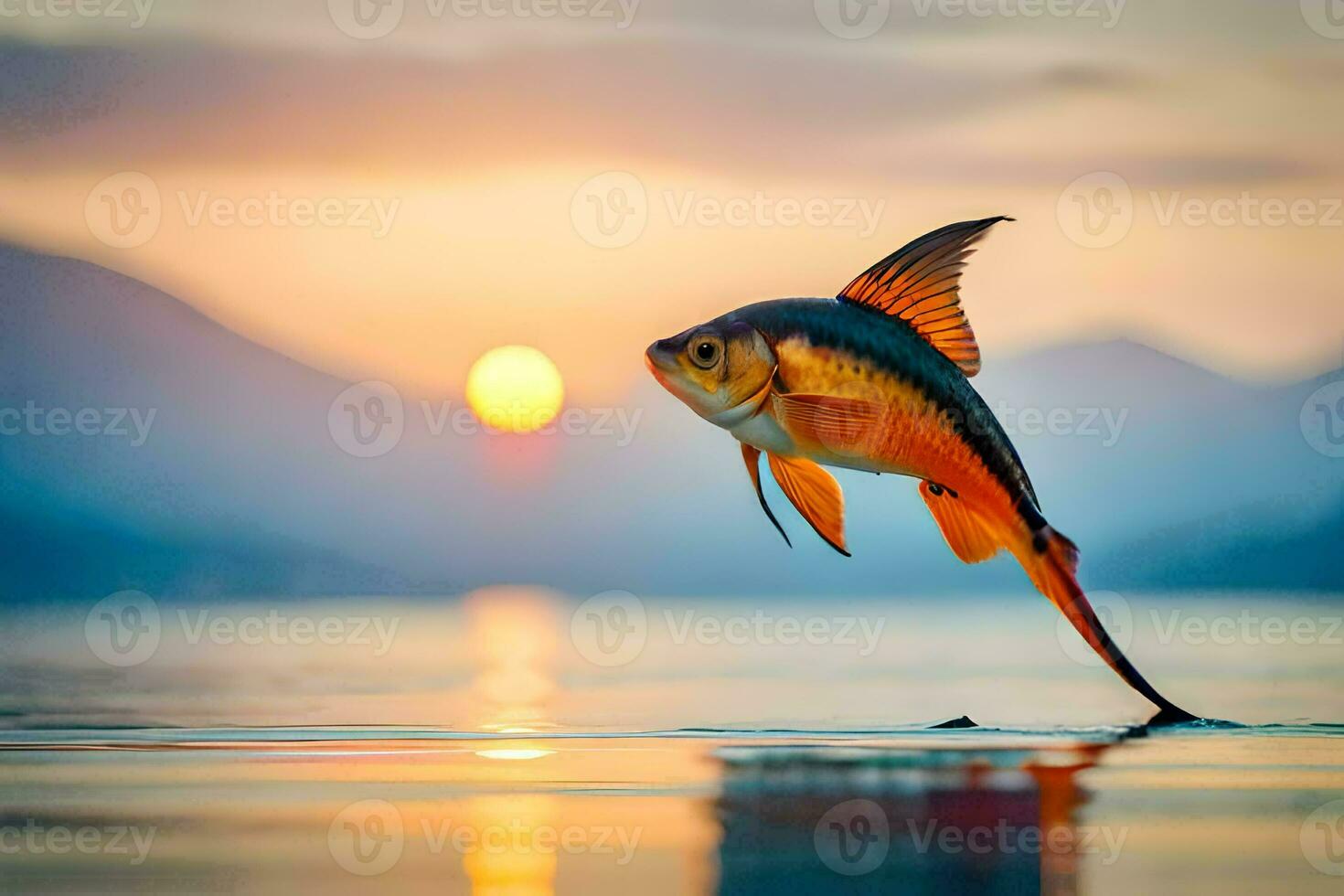 un pescado saltando fuera de el agua a puesta de sol. generado por ai foto