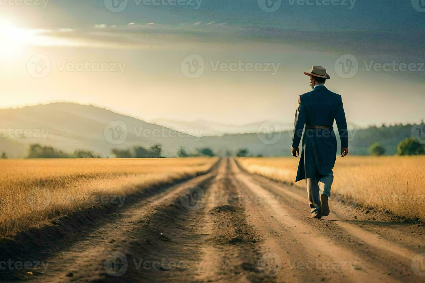 a man in a hat walks down a dirt road. AI-Generated photo
