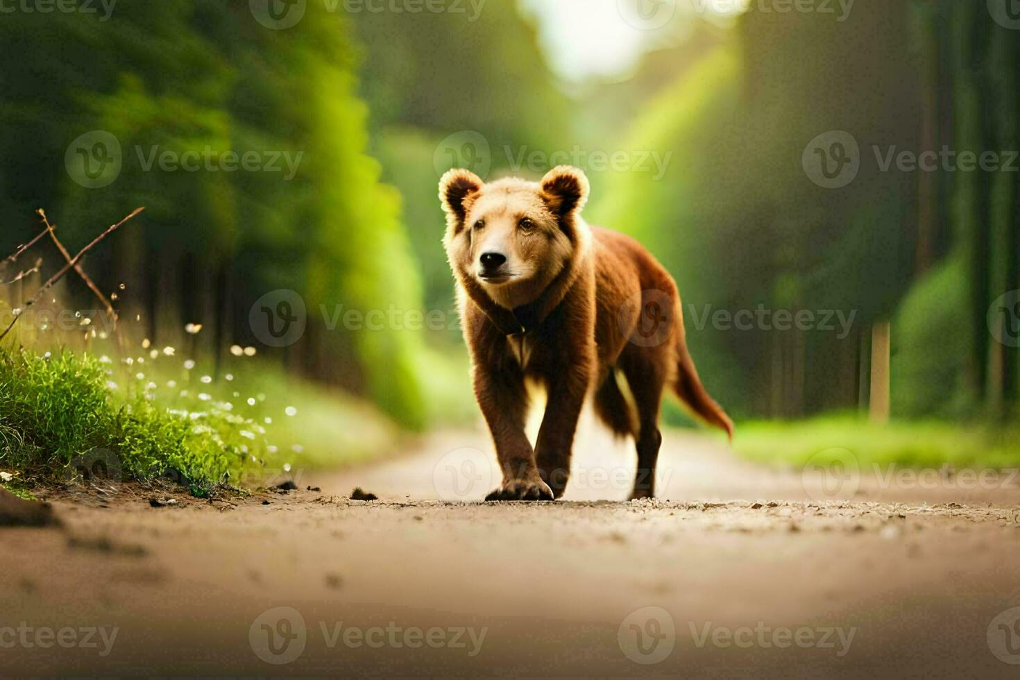 a brown dog walking down a road in the middle of a forest. AI-Generated photo