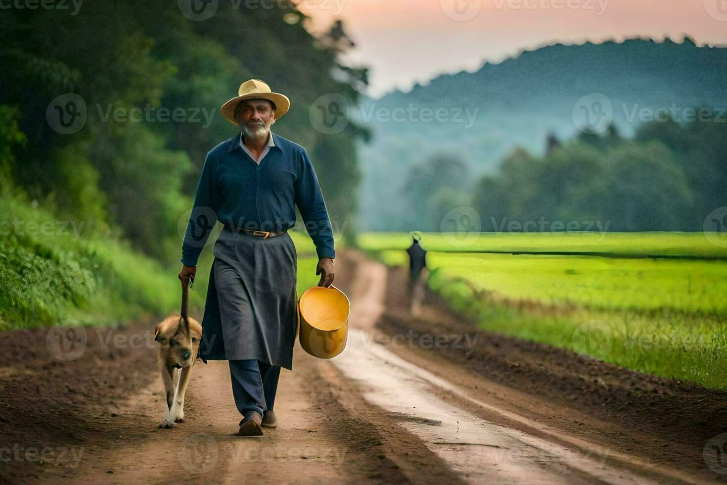 un antiguo hombre caminando su perro abajo un suciedad la carretera. generado por ai foto