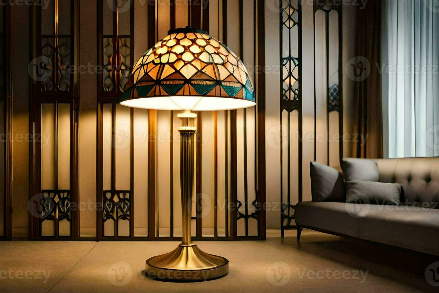 un lámpara en un habitación con un sofá y un mesa. generado por ai foto