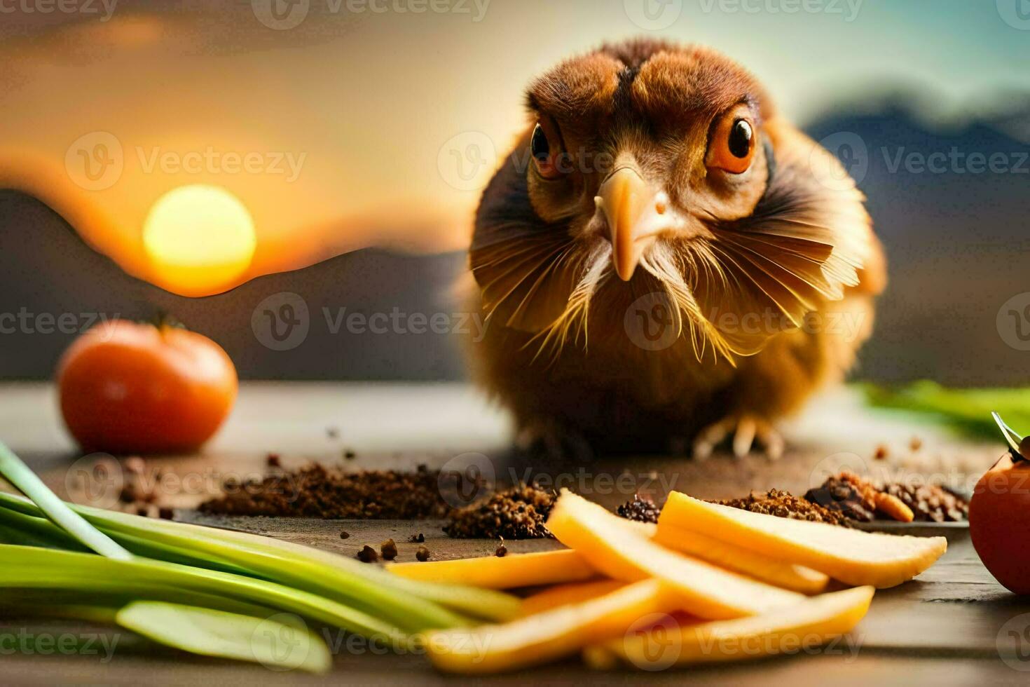 a bird is sitting on a table with vegetables. AI-Generated photo