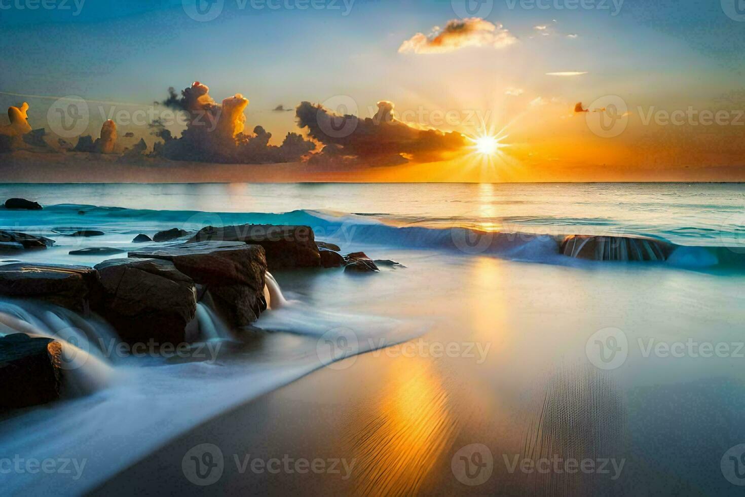 the sun rises over the ocean and rocks in the water. AI-Generated photo