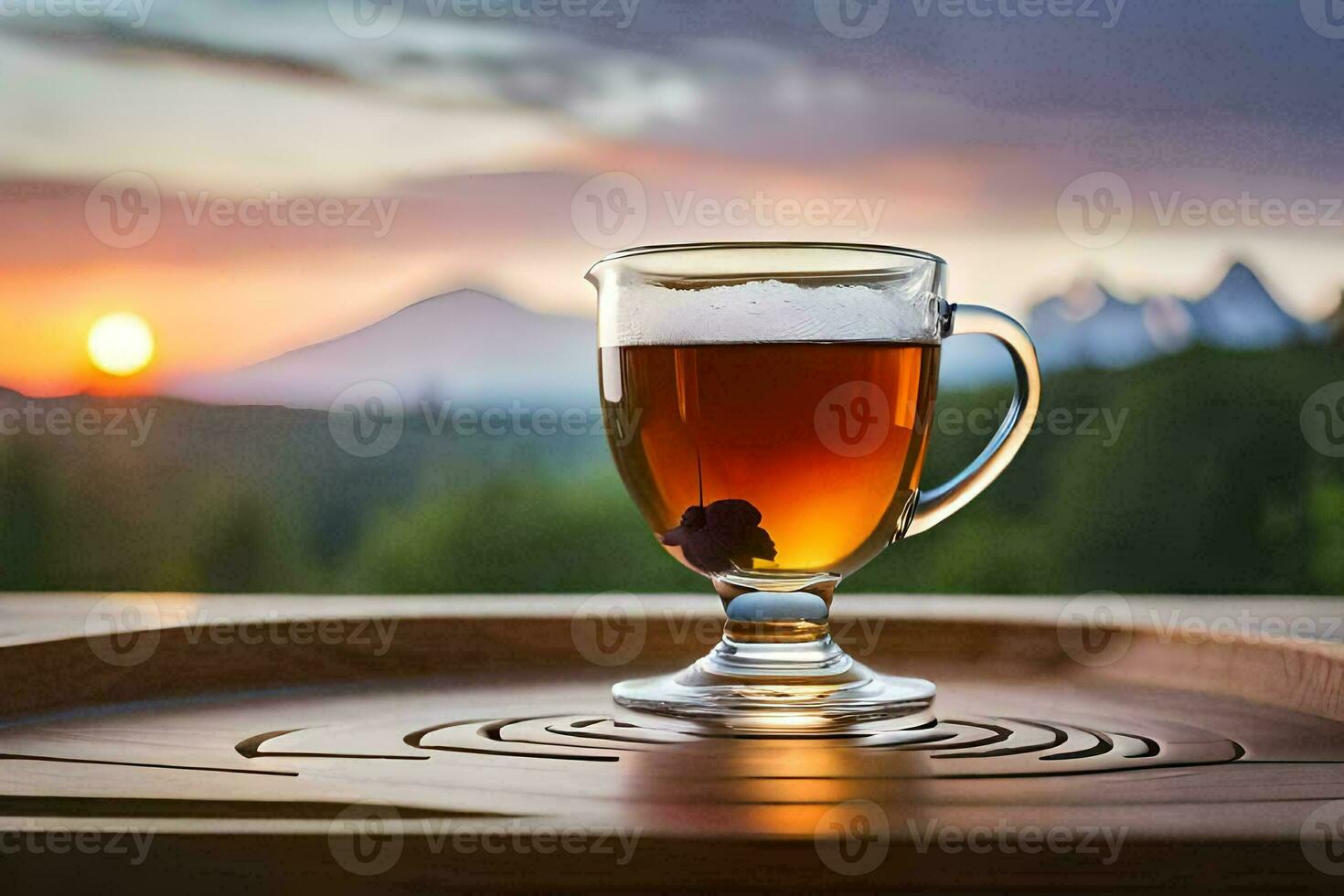 un vaso de té se sienta en un de madera bandeja con un montaña en el antecedentes. generado por ai foto