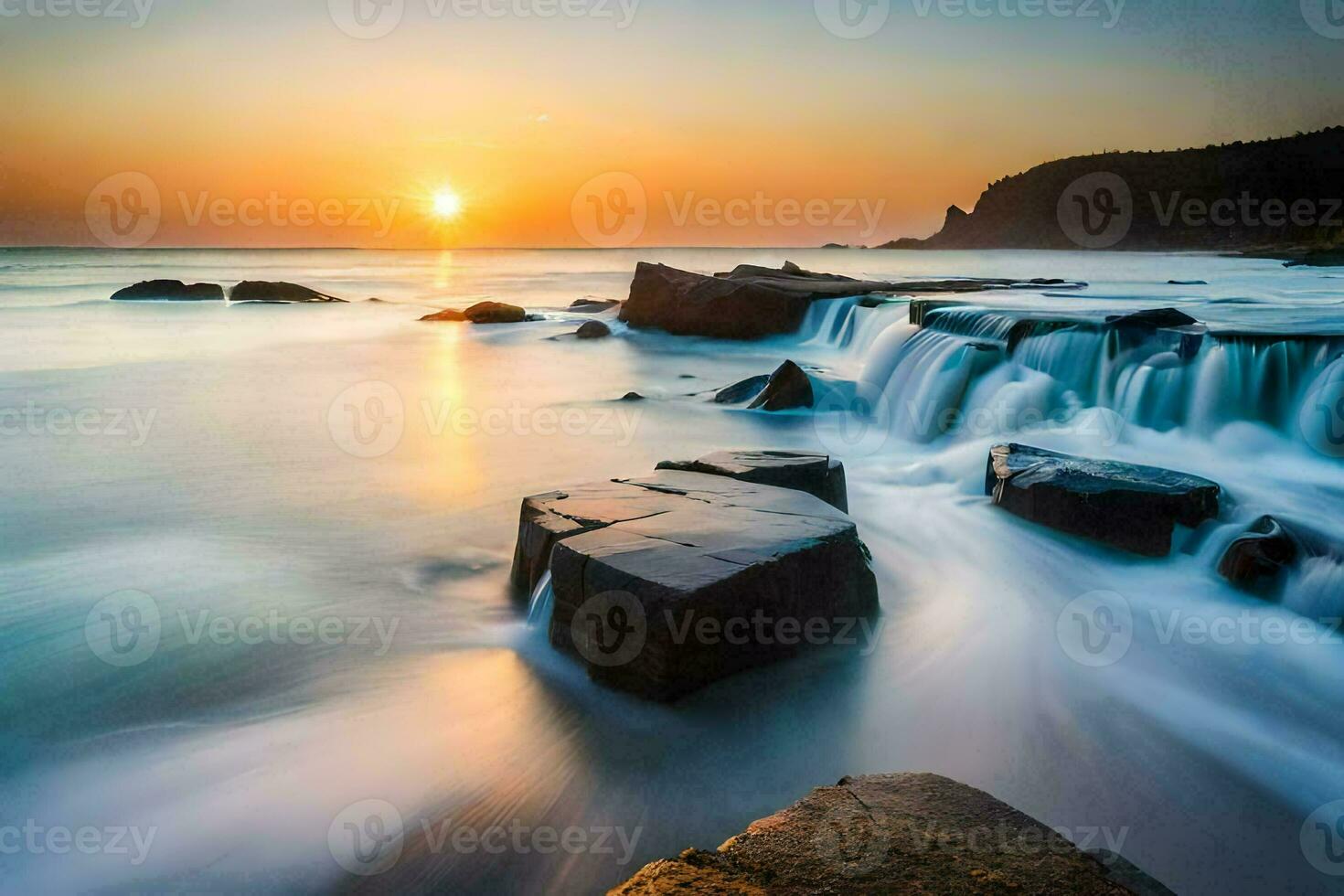 the sun sets over a rocky beach with water flowing over rocks. AI-Generated photo
