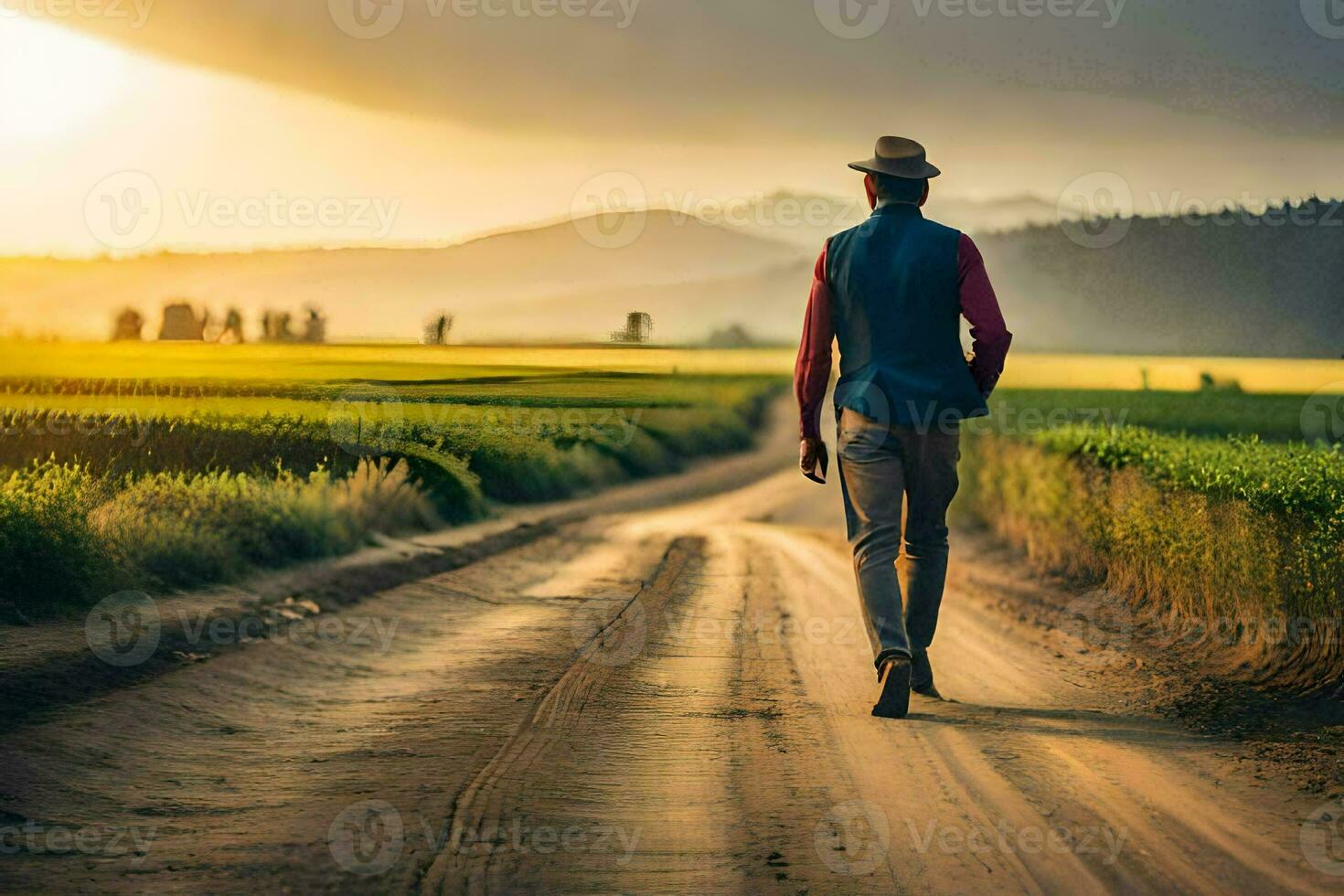 a man walking down a dirt road in the country. AI-Generated photo