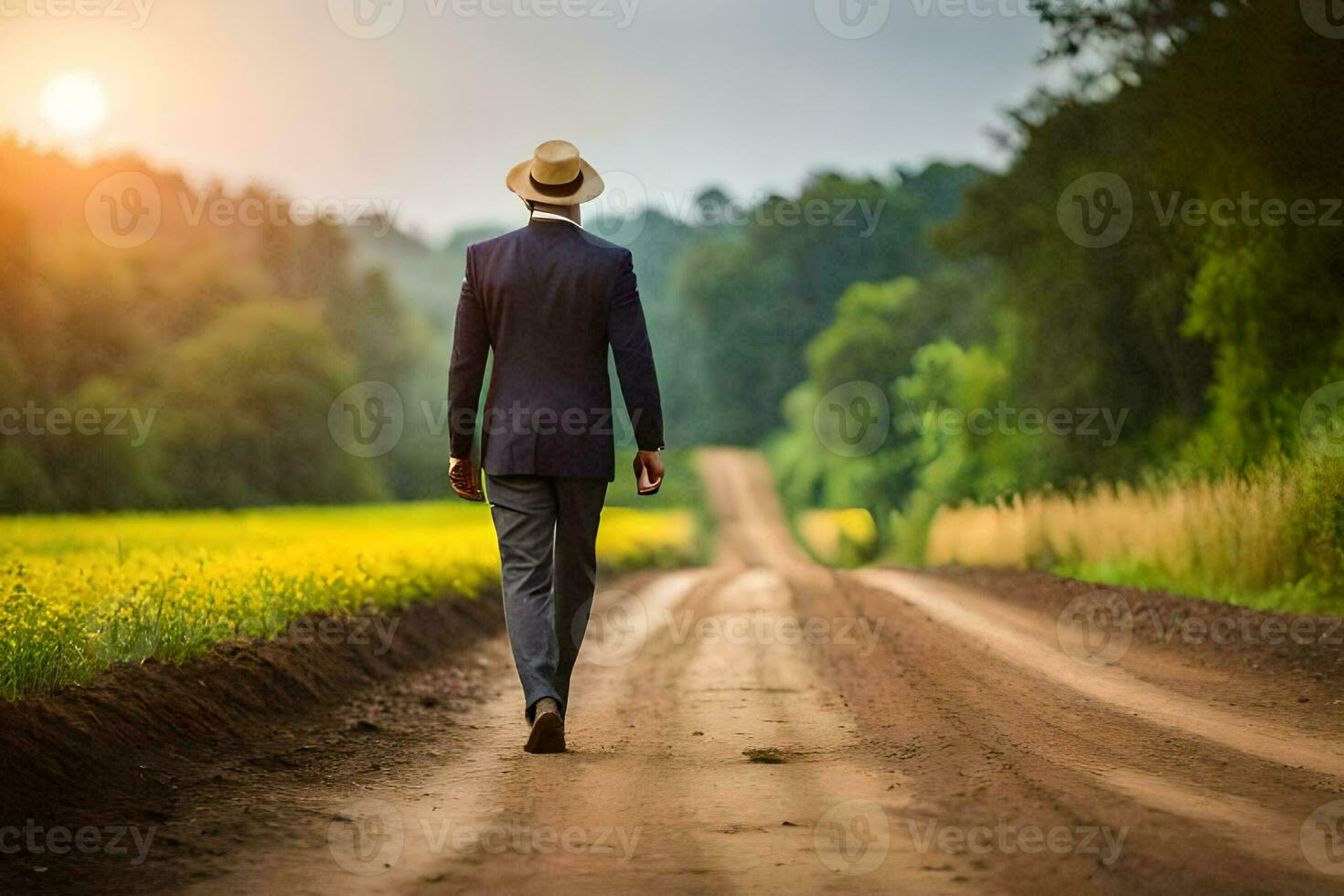 a man in a suit and hat walks down a dirt road. AI-Generated photo