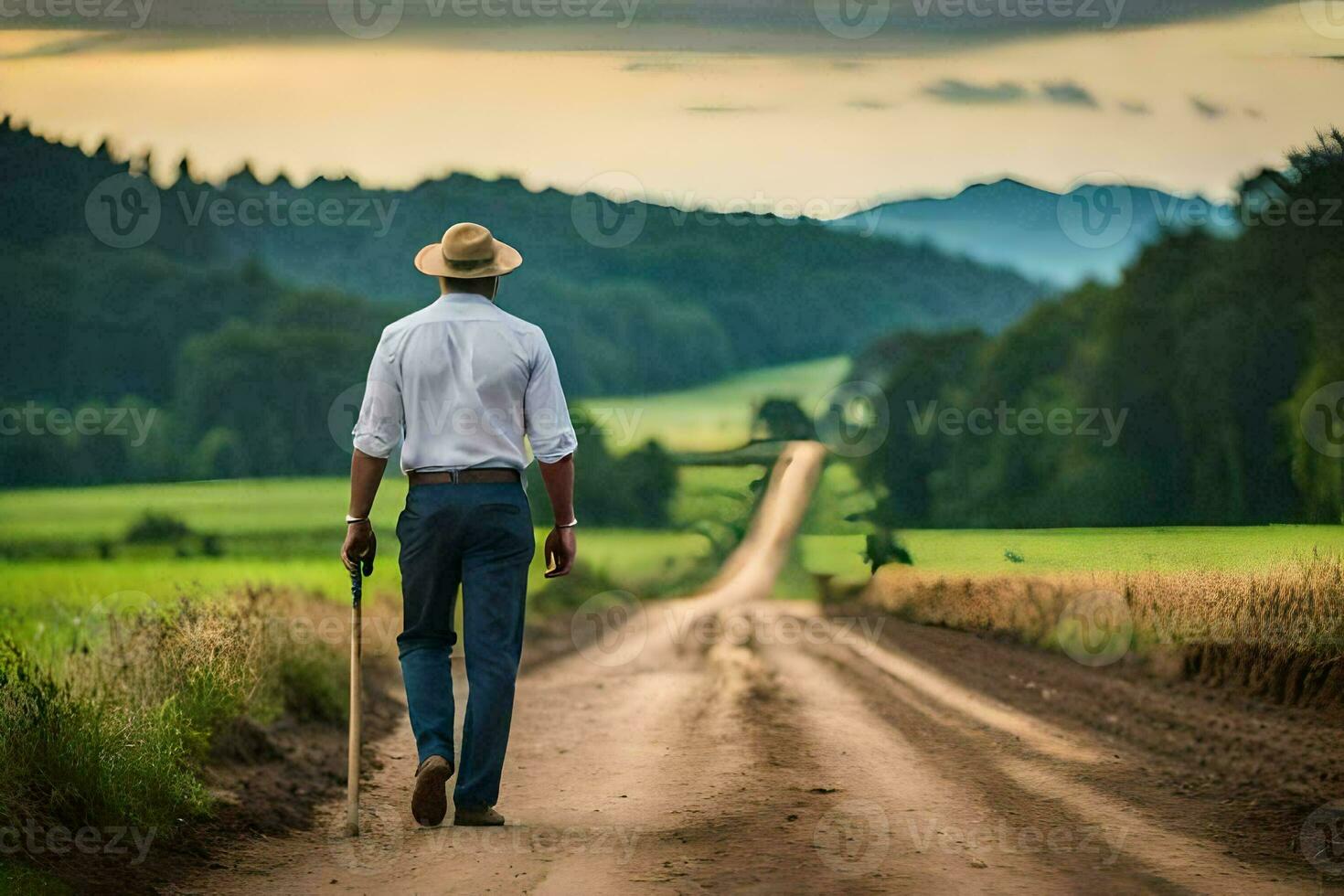 a man in a hat walks down a dirt road. AI-Generated photo