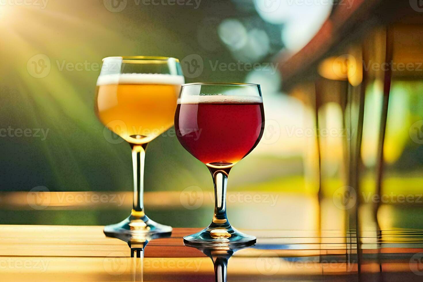 two glasses of beer on a wooden table. AI-Generated photo