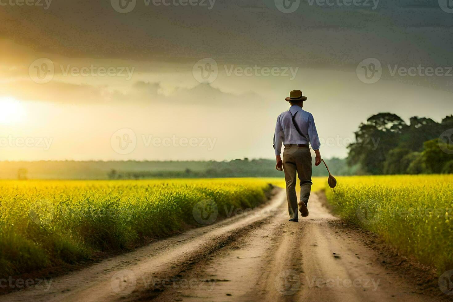 un hombre en un sombrero camina abajo un suciedad la carretera en un campo. generado por ai foto