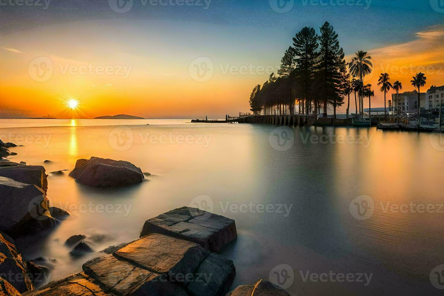 the sun sets over the water and rocks. AI-Generated photo