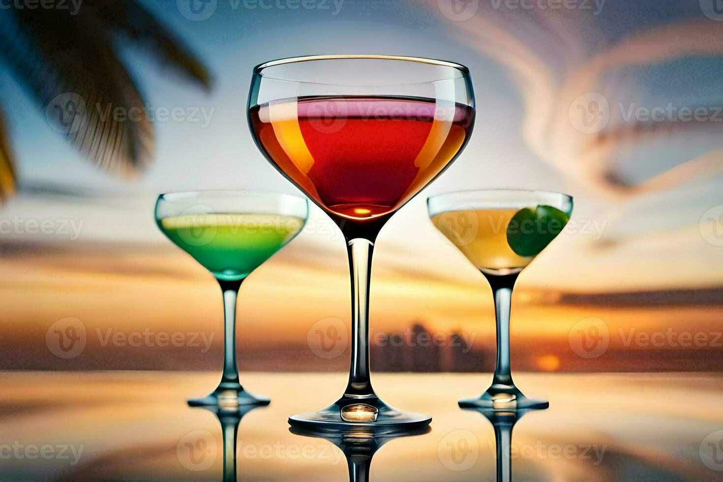 three glasses of cocktails on a table with sunset in the background. AI-Generated photo