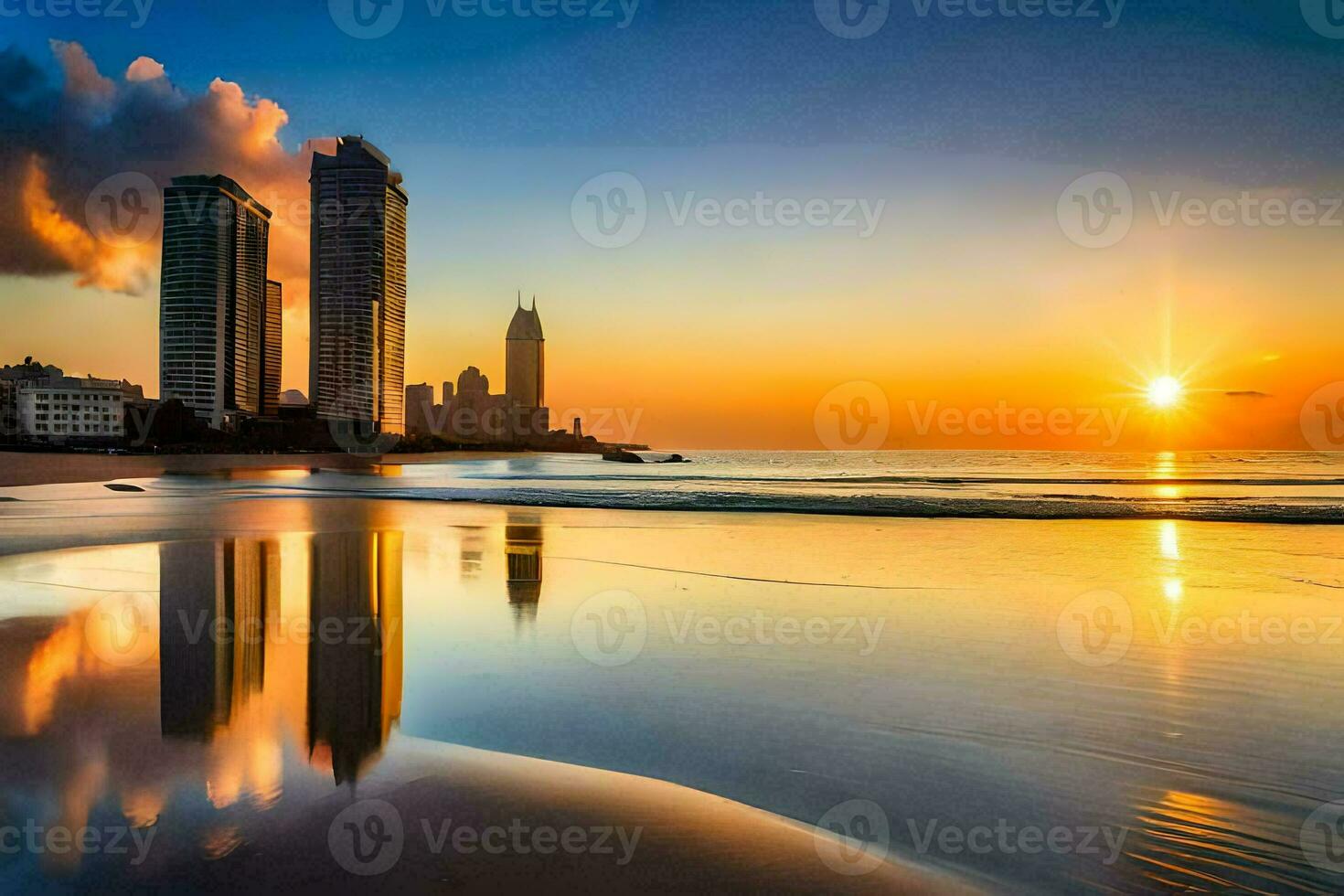 the sun sets over the beach and buildings in the background. AI-Generated photo