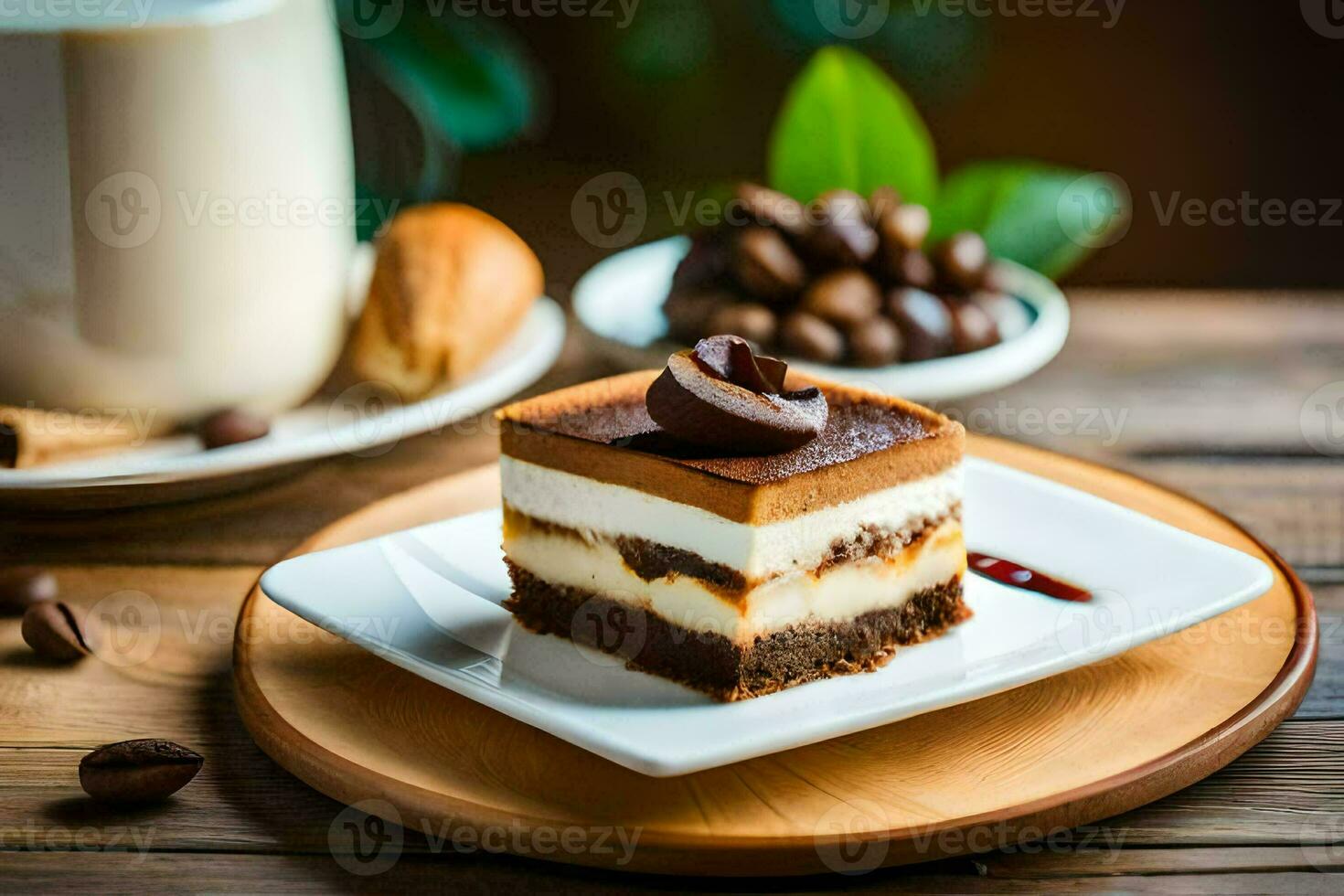 a slice of cake on a plate with coffee beans and a cup of coffee. AI-Generated photo