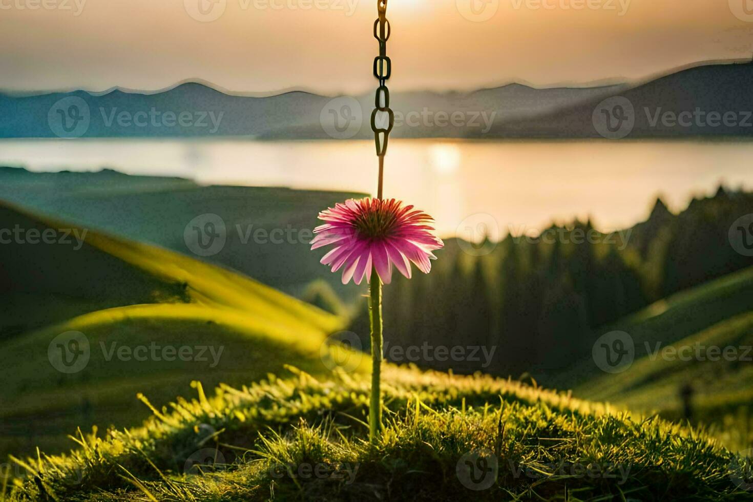 a pink flower is standing on a chain in front of a mountain. AI-Generated photo