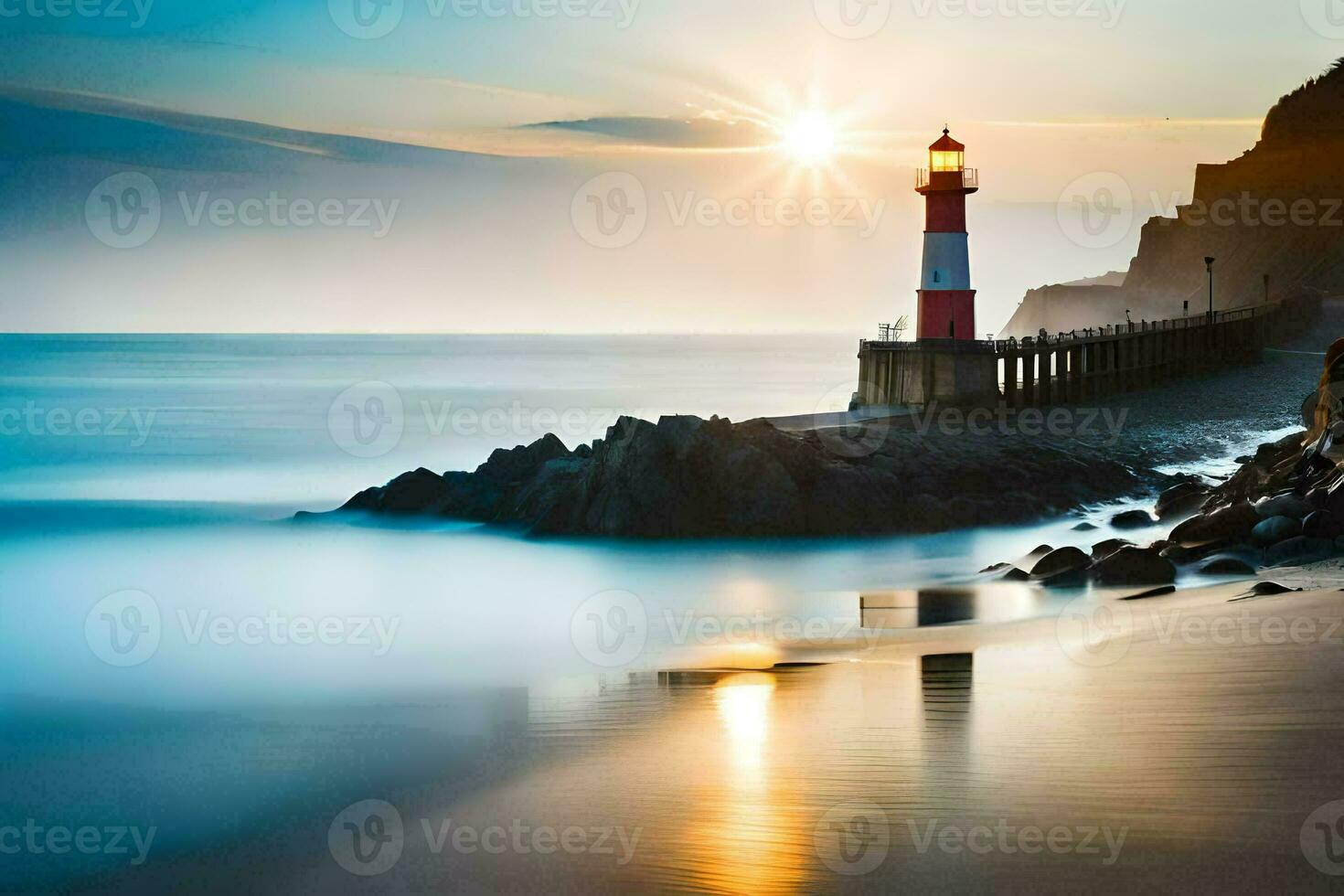 a lighthouse stands on the shore of a beach at sunrise. AI-Generated photo