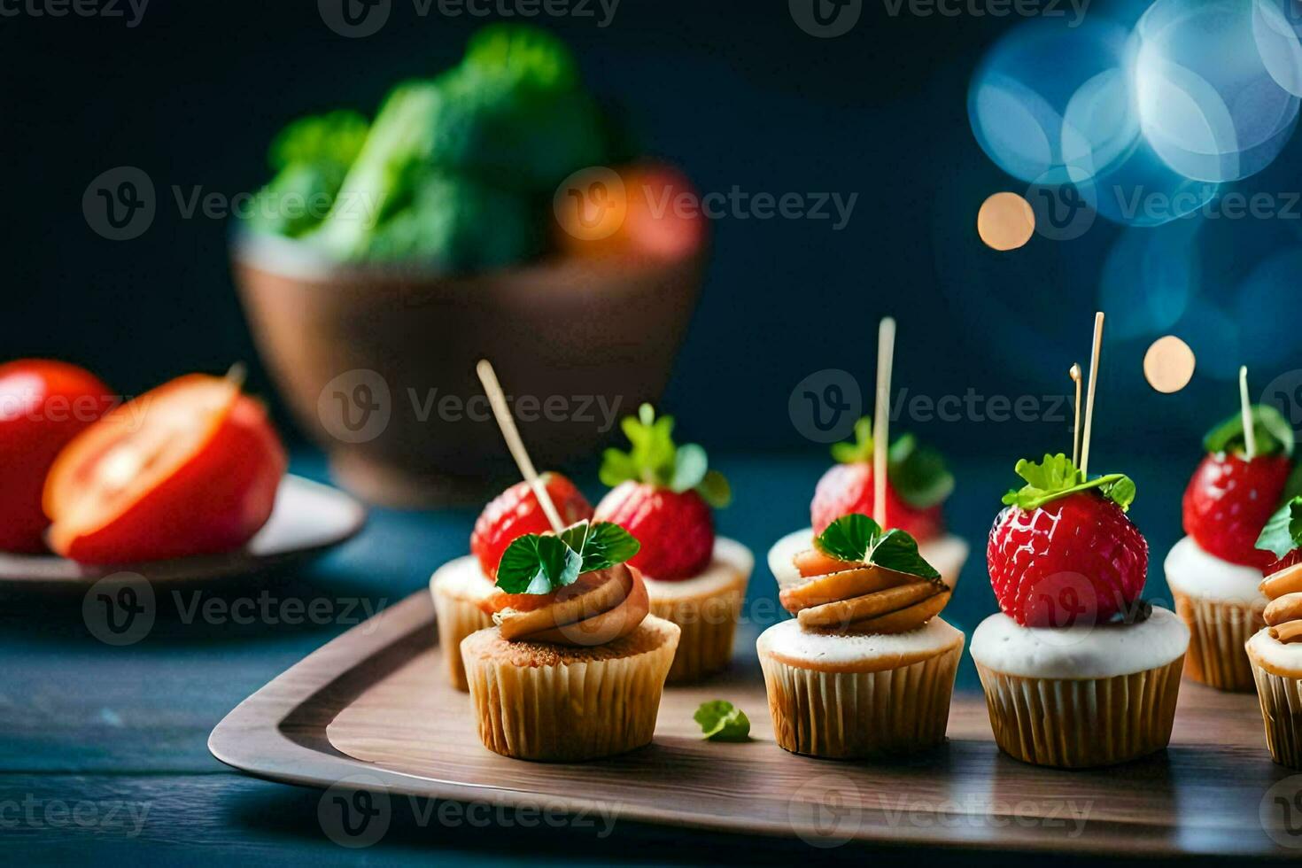 mini cupcakes with strawberries and cream on a wooden tray. AI-Generated photo