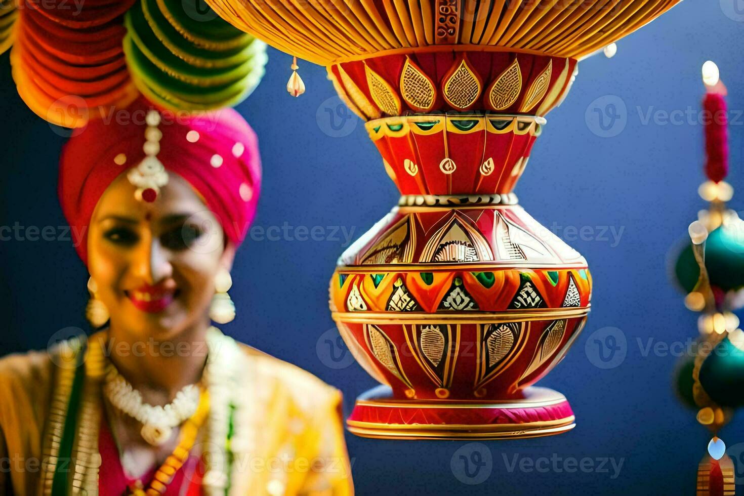 a woman in a colorful headdress holding a vase. AI-Generated photo