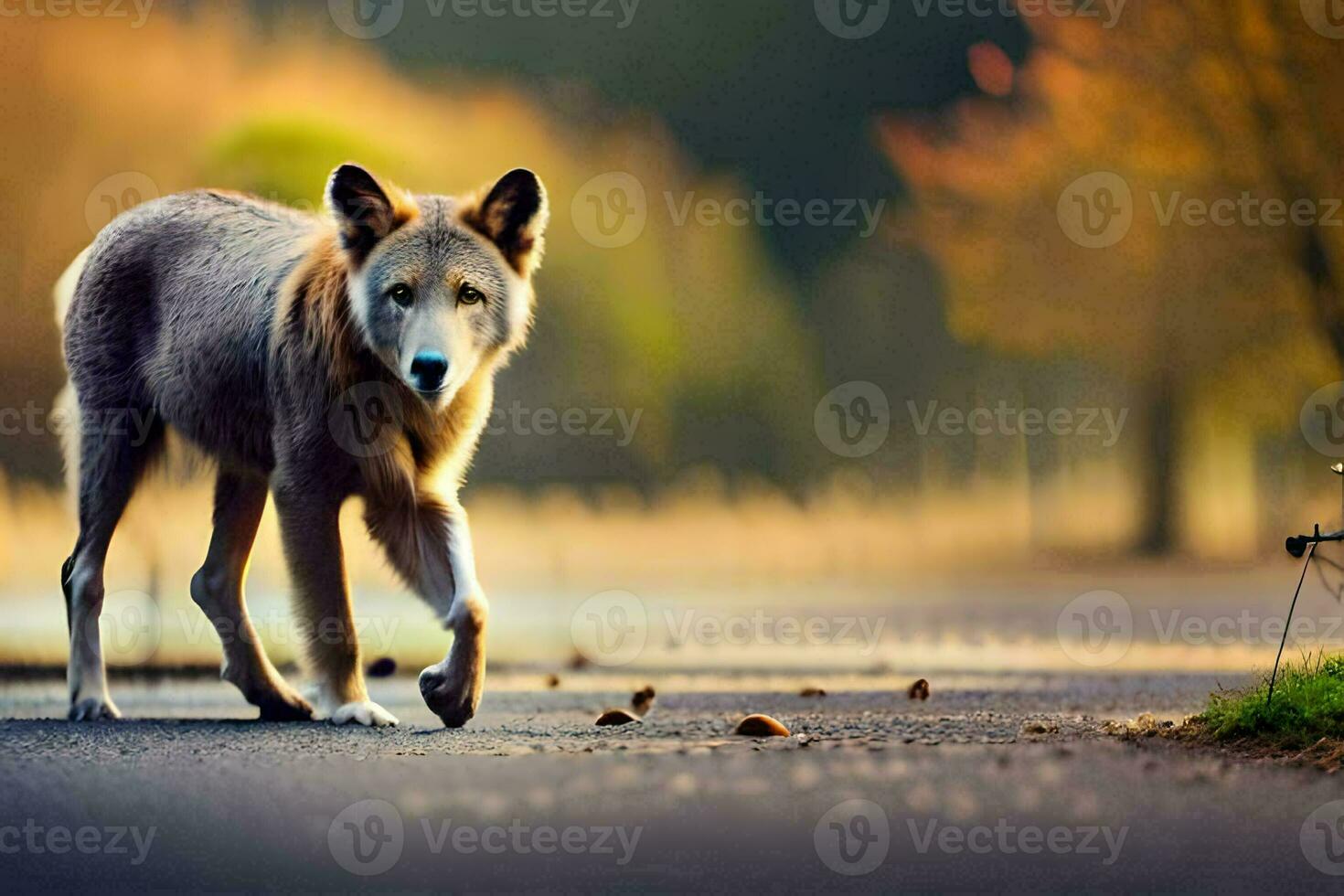 a wolf walking on the road in the middle of the day. AI-Generated photo