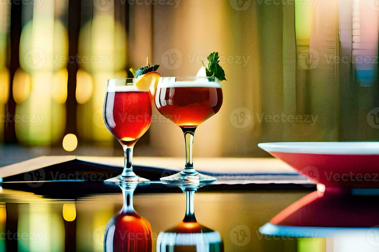 two glasses of red and white drinks sit on a table. AI-Generated photo