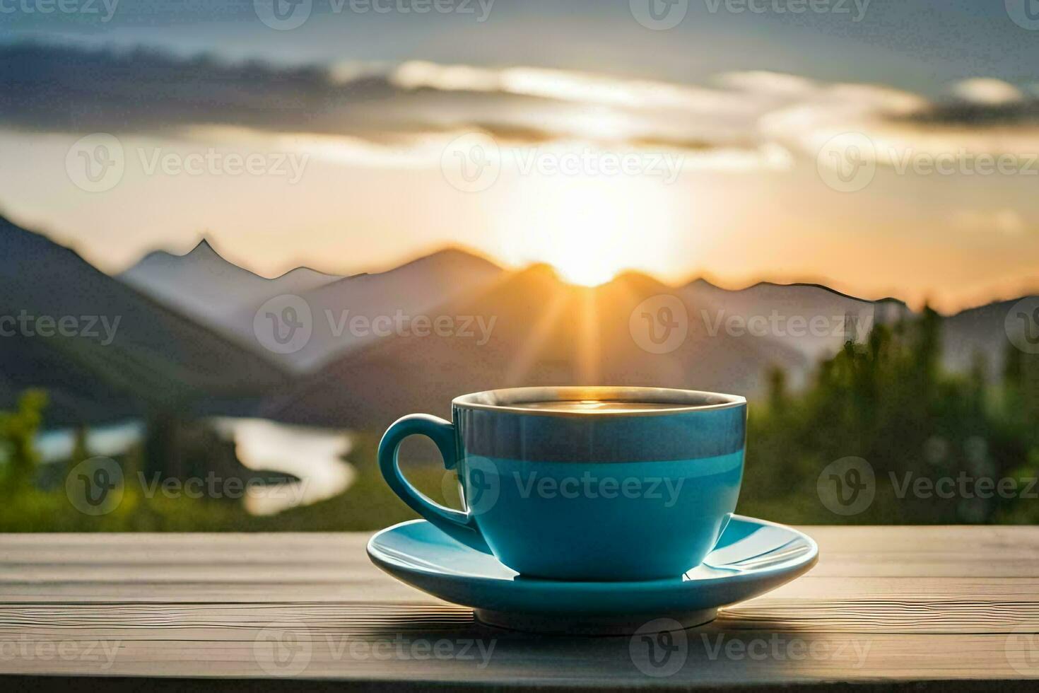 Hot coffee mug on table with high mountain view in the morning. Ai  generated 31708803 Stock Photo at Vecteezy