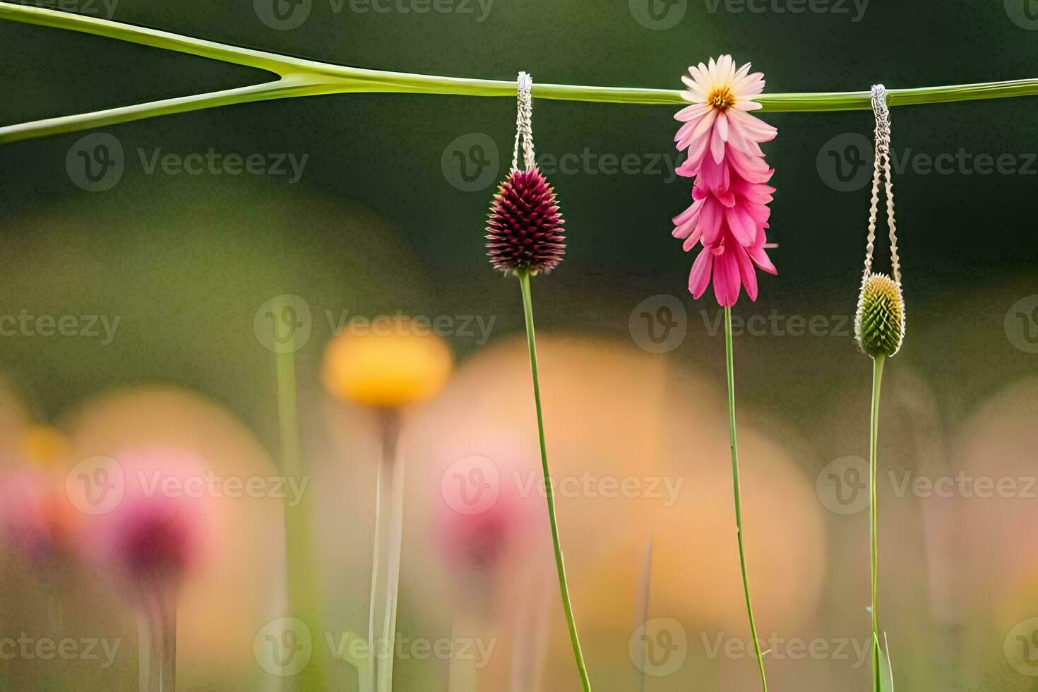 three pink flowers hanging from a branch in a field. AI-Generated photo