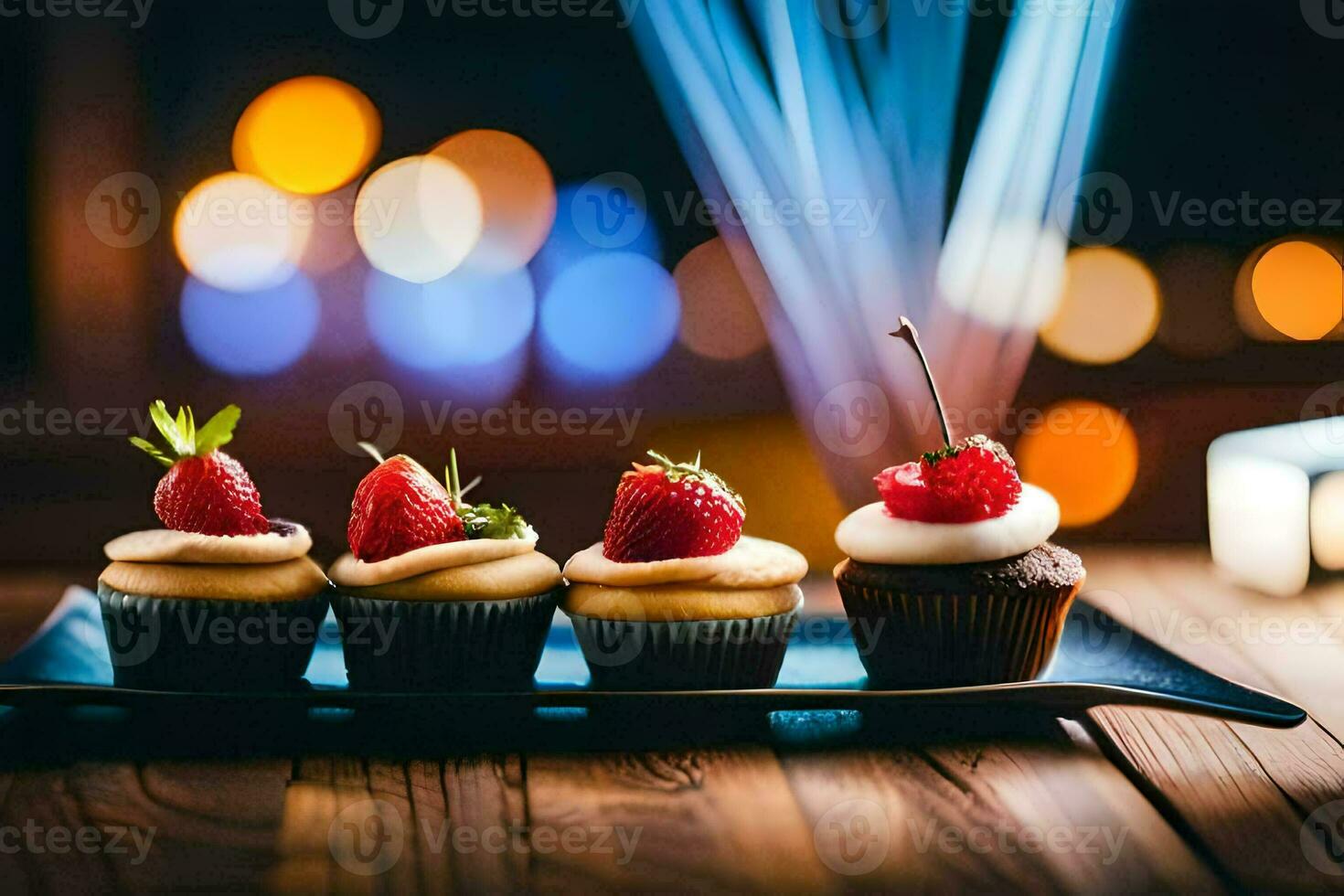 three cupcakes with strawberries on a wooden table. AI-Generated photo