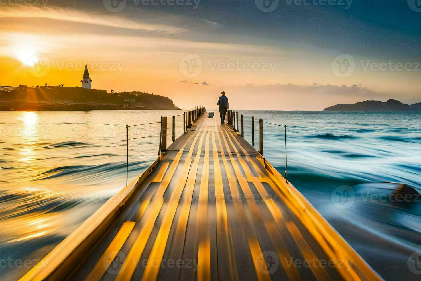 un hombre camina a lo largo un muelle a puesta de sol. generado por ai foto