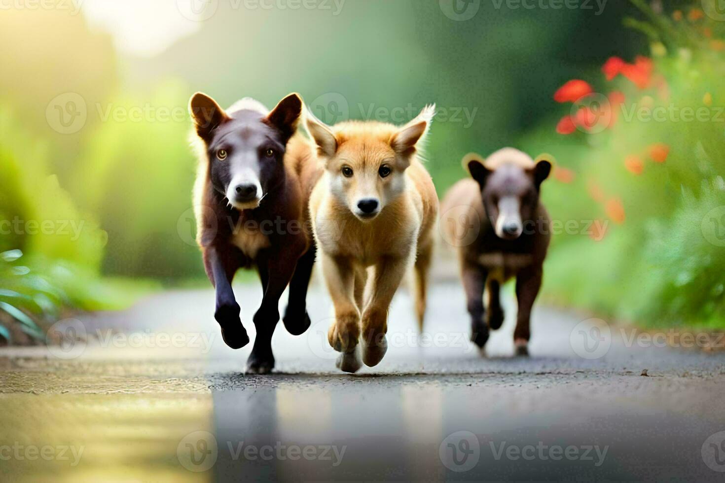 Tres perros corriendo en un la carretera en el Mañana. generado por ai foto