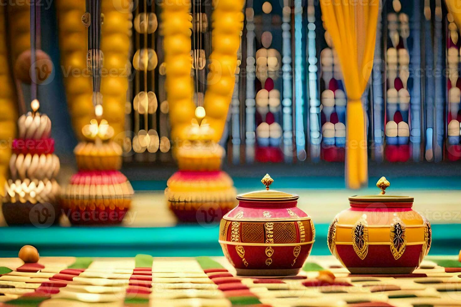 two colorful pots sit on a table with candles. AI-Generated photo