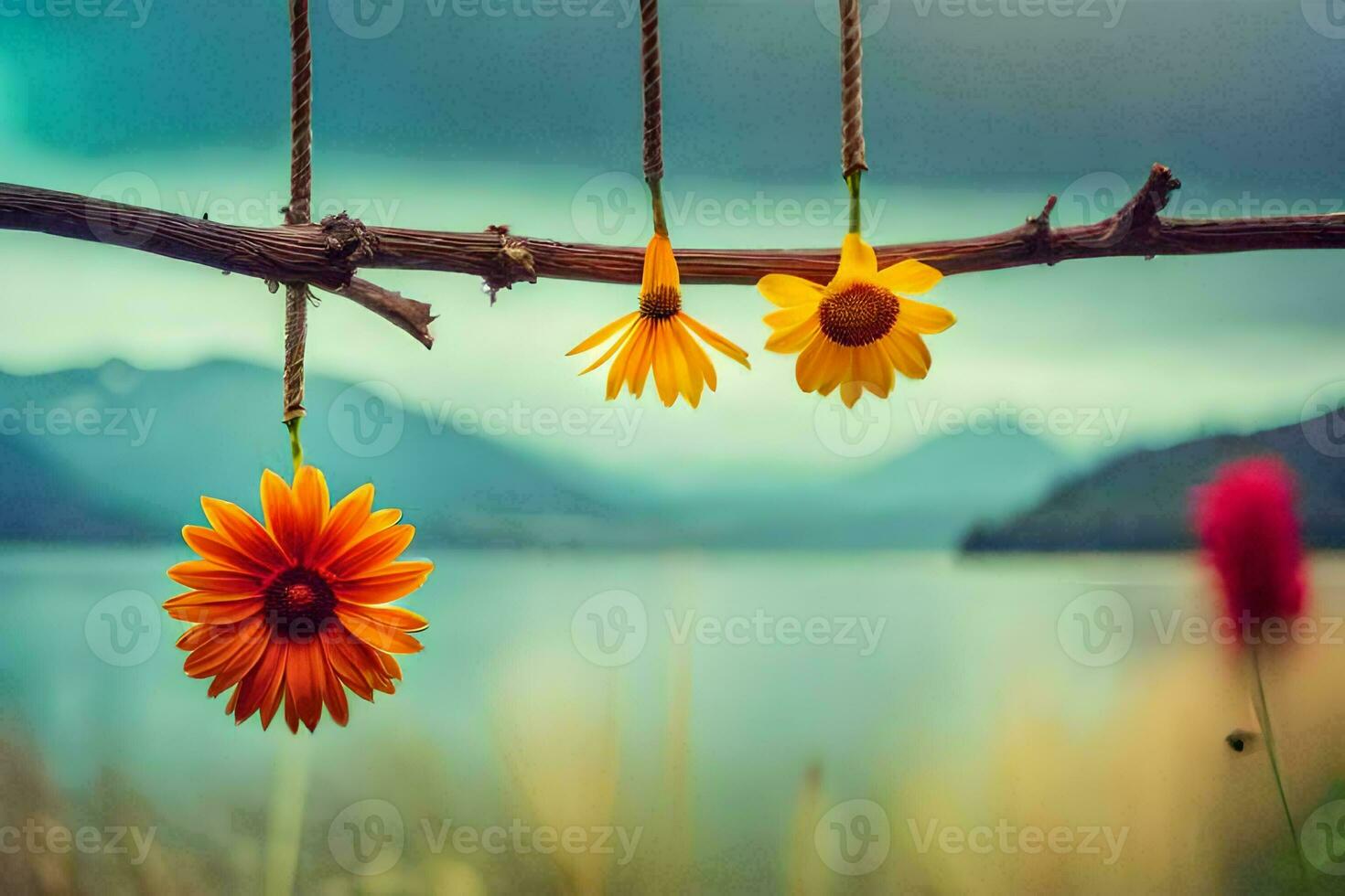 photo wallpaper the sky, flowers, the mountains, lake, the mountains, flowers, the sky. AI-Generated