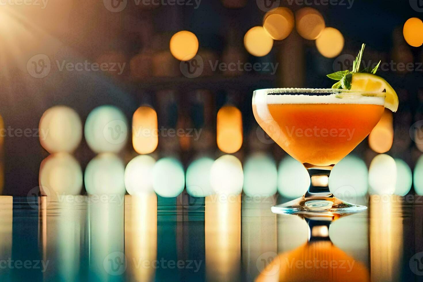 a cocktail sitting on a bar counter with a bright light behind it. AI-Generated photo