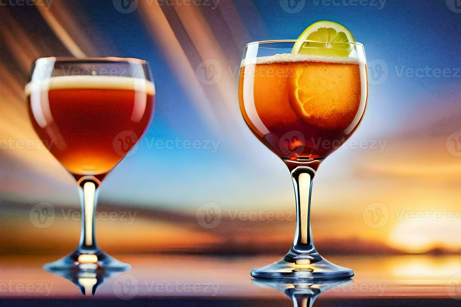 two glasses of wine with a sunset in the background. AI-Generated photo