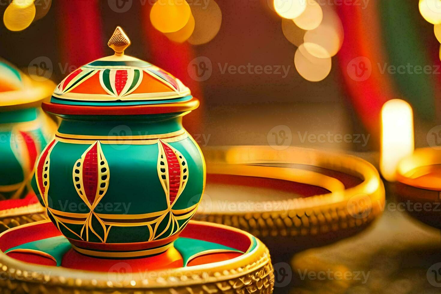 colorful diyas and candles on a table. AI-Generated photo