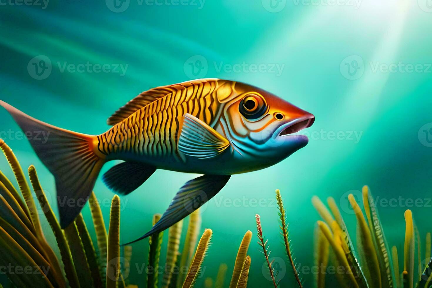 fish in the ocean with grass and plants. AI-Generated photo