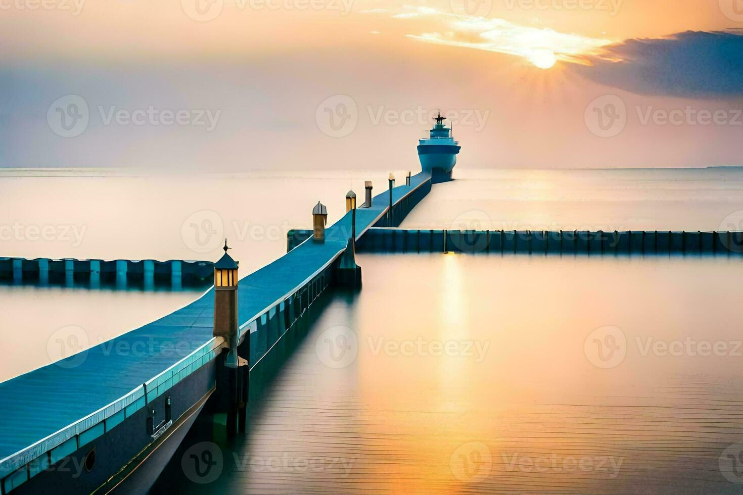 a long exposure photograph of a lighthouse at sunset. AI-Generated photo